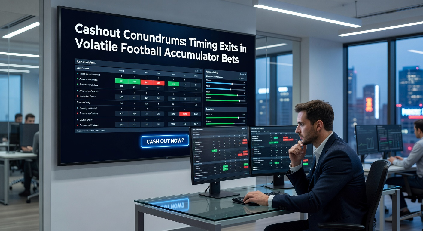 Close-up of a bettor's screen mid-match, cashout value climbing as a football accumulator hangs by a thread in stoppage time, with tense player action blurred in the background