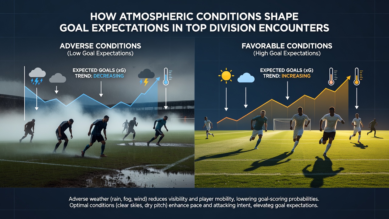 Players adapting to wind and rain during a top division match with ball movement affected by atmospheric conditions