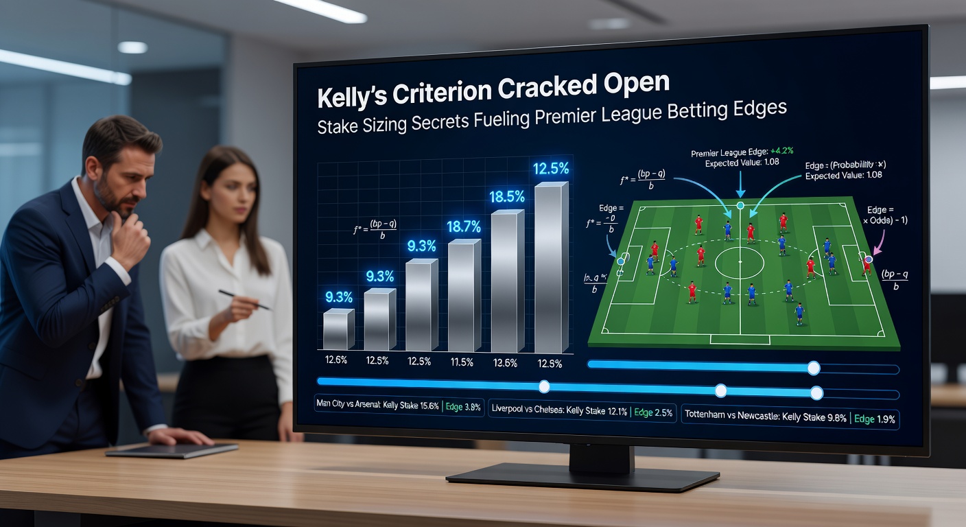 Premier League betting dashboard displaying Kelly Criterion calculations overlaid on live match odds for a Manchester United fixture