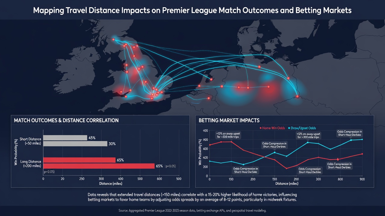 Data visualization mapping Premier League travel distances against match outcome statistics