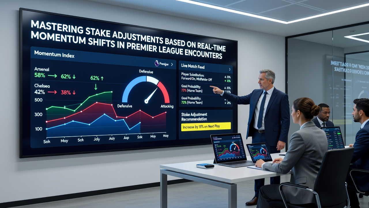Analyst reviewing live Premier League momentum charts and adjusting betting stakes on multiple screens