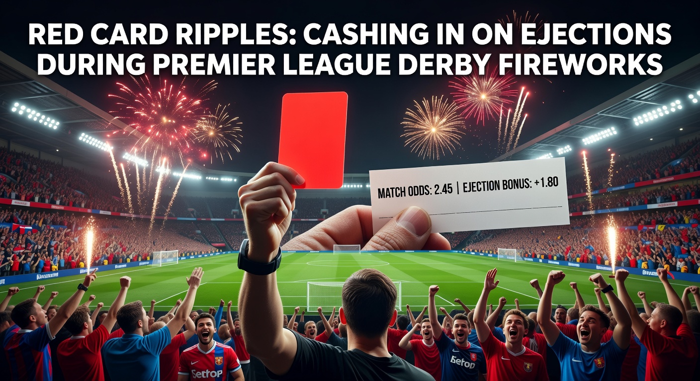 Close-up of a Premier League player receiving a red card from the referee during an intense derby match, crowd in blurred background
