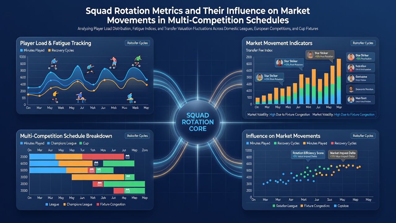 Detailed squad rotation analytics dashboard showing player workload metrics and upcoming fixture schedules