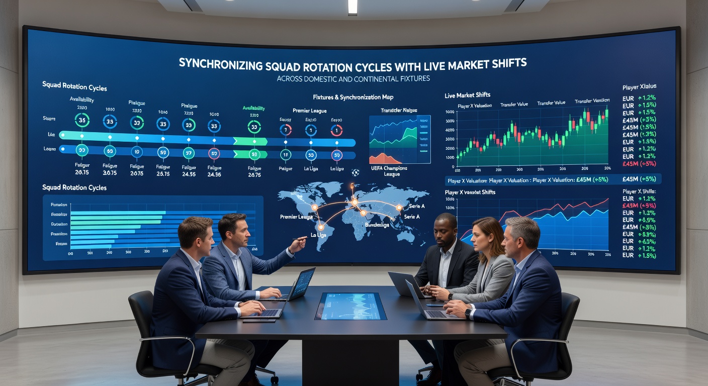 Coaches discussing rotation strategies with analysts while live odds update on screens during a continental fixture
