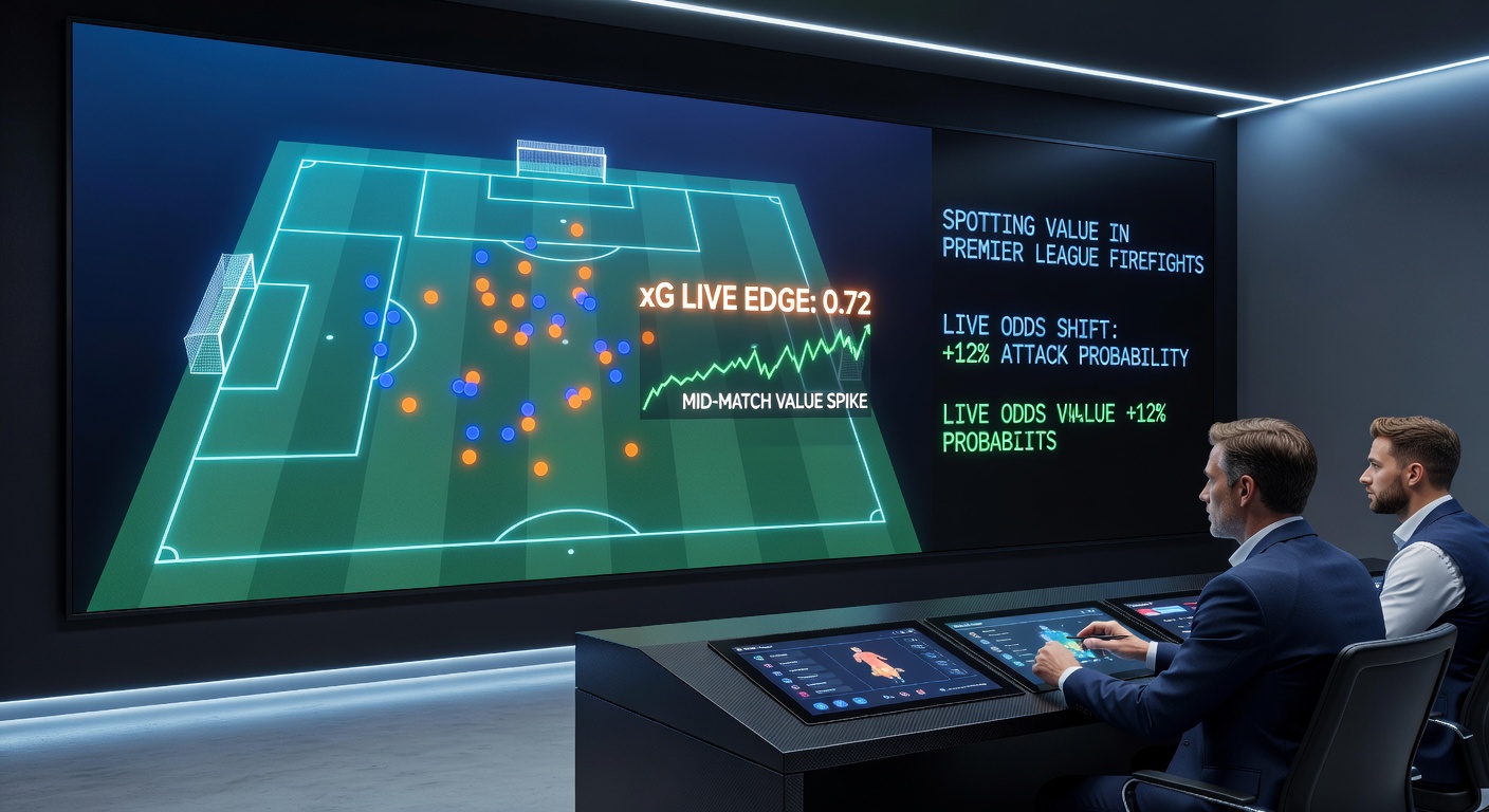 Close-up of a Premier League player celebrating amid live xG data HUD, capturing the intensity of a mid-match turning point